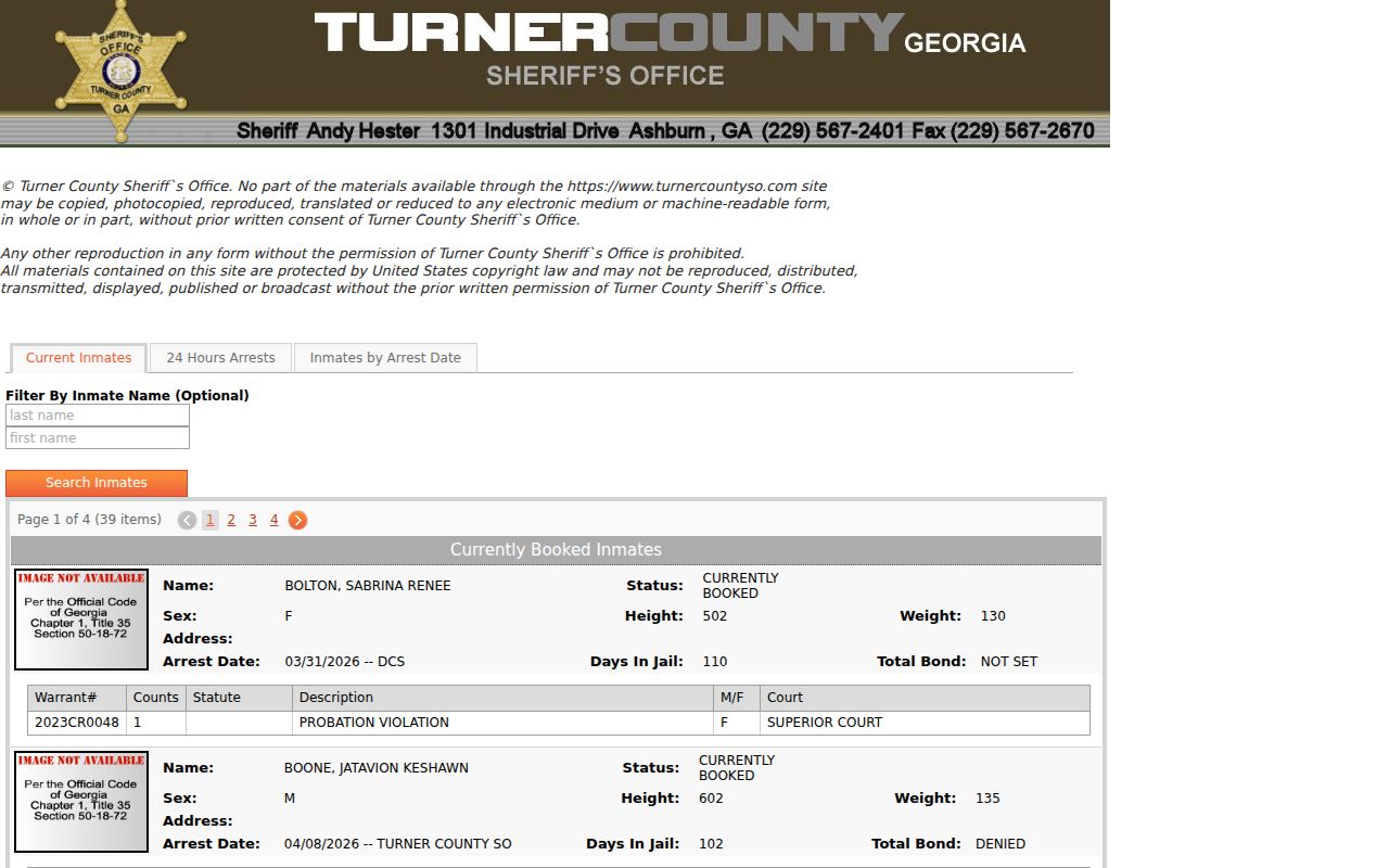 Turner County arrest history current inmate roster